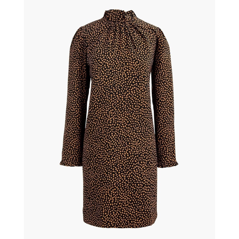 J.Crew Brown Black Dot Ruffle Neck Long Sleeve Shift Dress Animal Print 10